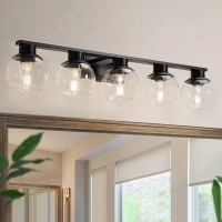 Pazala Matte Black Vanity Light For Bathroom 5 Lights Wall Light Fixture Over Mirror With Clear Glass Shade 37 Inch