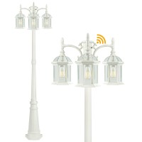 Partphoner Dusk To Dawn Outdoor Lamp Post Light Birdcage, 3 Head Waterproof Outside White Street Light Pole With Clear Glass Shade For Yard Garden Patio Path Driveway