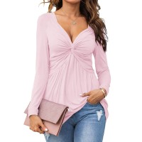 Tankaneo Women V-Neck Front Knotted Blouse Shirt Long Sleeve Elegant Casual T-Shirt Solid Color Pullover Tops