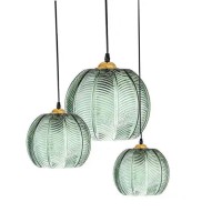 Bepuzz 3-Light Modern Glass Pendant Lights Chandelier Green Pumpkin Design With Ribbed Glass Shade Adjustable Cord Ceiling Pendant Light Fixture For Bedroom Living Room Kitchen Sink (3-Light)