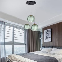 Bepuzz 3-Light Modern Glass Pendant Lights Chandelier Green Pumpkin Design With Ribbed Glass Shade Adjustable Cord Ceiling Pendant Light Fixture For Bedroom Living Room Kitchen Sink (3-Light)