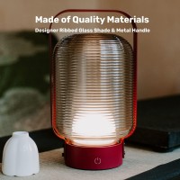 Bask Portable Led Lantern Table Lamp | Usb Rechargeable | Cordless 3-Step Dimmable | Bedroom Outdoor Kids Light | Ribbed Glass Shade & Metal Handle | Florence