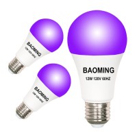 Baoming Led Black Light Bulb A19 Blacklight 12W (100Watt Equivalent), E26 Base 120V, Uva Level 390-400Nm, Glow In The Dark For Blacklights Party, Body Paint, Fluorescent Poster- 3 Pack