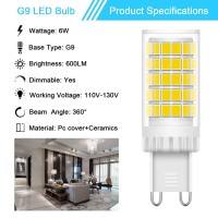 Lacnooe G9 Led Bulb Dimmable 6W, 60 Watt T4 G9 Halogen Equivalent, 6000K Daylight White, 6 Pack G9 Chandelier Light Bulbs, Ceramic Bi Pin Base, Cri85 120V 600 Lumen 360Beam Angle