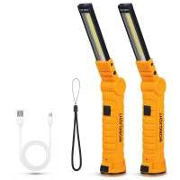 Suranew Led Worklight Flashlight, Cob Rechargeable Work Lights With Magnetic Base 360 Degree Rotate And 5 Modes Portable Flood Light Inspection Construction Light For Car Repair (Yellow, 2 Pack)