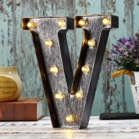 Youzone Retro Led Marquee Letter Lights - Industrial, Vintage Style Light Up Letters Alphabet Sign For Cafe Wedding Birthday Party Christmas Lamp Home Bar Initials Decor - V