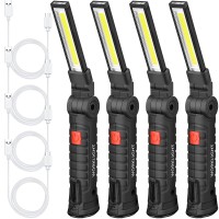 4 Pieces Led Work Light Cob Rechargeable Work Flashlight With Magnetic Base, Hanging Hook And 360?Rotate 5 Modes Portable Led Work Flashlight For Car Repair, Household And Outdoor Use (Large)