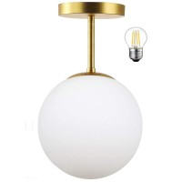 Mid Century Modern Globe Semi Flush Mount Ceiling Light Fixture Frosted Glass With Gold Brass Finish 1Light Sphere Glass Pendan