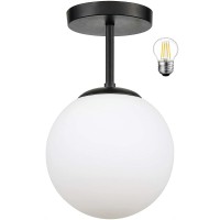 Mid Century Modern Globe Semi Flush Mount Ceiling Light Fixture Frosted Glass With Black Finish 1Light Sphere Glass Pendant Li