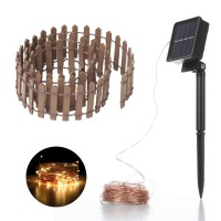 Robkea, 36 Inch Mini Fence Fairy Garden Fence & Waterproof Led 40Ft 100 Led Solar String Lights With 8 Lighting Modes Fairy Garden Accessories Outdoor(Brown)