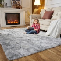 Fluffy Shag Area Rugs For Bedroom, 8 X 10 Feet Tie-Dyed Light Gray Shaggy Throw Rug Plush Living Room Carpet, Fuzzy Shaggy Rugs For Girls Boys Room