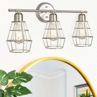 Shine Hai 3-Light Bathroom Vanity Light Fixture, Industrial Brushed Nickel Wall Sconce With Metal Cage, Farmhouse Wall Light Fixture, Vintage Wall Lamp For Dressing Table, Mirror Cabinets, Kitchen