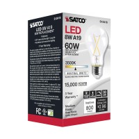 Satco 8W A19 Medim Base Led Replacement Lamp (Pack Of 6)-4.02 Inches Length And 2.36 Inches Wide-Clear Finish-3500 Color Tempe