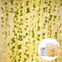 String Lights With Vines Battery Operated 24 Pcs 7 Feet Artificial Ivy Vine 110 Led Vine Lights 8 Modes Ivy Lights For Bedroom Room Wall Wedding Indoor Party Festival Decor (Warm White)