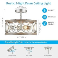 Xingqi 3Lights Modern Ceiling Light Fixture Brushed Nickel Rustic Semi Flush Mount Ceiling Lights Wood Grain Metal Round Lamp F