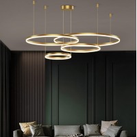 Lightinthebox Gold Ring Chandelier, Led Circle Geometric Pendant Light Dimmable Gold Ceiling Light For Living Room Dining Room Bedroom (20+40+60+80Cm)