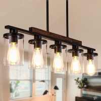 Nsrce Farmhouse Dining Room Light Fixtures Over Table, 5-Light Linear Chandelier For Kitchen Island, Natural Wood And Black Metal Finish