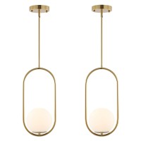 Byoliima Modern Gold Globe Pendant Light Mid Century Chandelier 1-Light Brushed Brass Ceiling Hanging Lighting Fixture With White Globe Glass Lampshade For Kitchen Island Dining Room Bedroom (2 Pack)