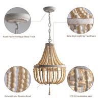 3-Light Mini Bohemian Wood Beaded Chandelier Pendant Boho Light Fixture,Antique Metal Finish Natural Color Wooden Beads, For Bathroom,Living Room,Entryway And Bedroom