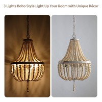 3-Light Mini Bohemian Wood Beaded Chandelier Pendant Boho Light Fixture,Antique Metal Finish Natural Color Wooden Beads, For Bathroom,Living Room,Entryway And Bedroom