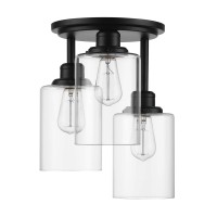 Globe Electric 65456 3Light Flush Mount Ceiling Light Matte Black Clear Glass Shades Ceiling Light Fixture E26 Socket Bedr