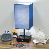 Sailstar Navy Blue Bedside Lamp With Usb Port And Outlet, 3 Way Dimmable Touch Control Table Lamp, Square Small Lamp For Bedroom, Boys Nightstand Lamp For End Table, Living Room, Led Bulb Included