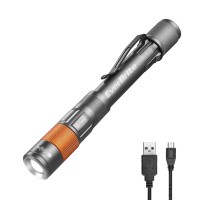 Everbrite Rechargeable Pen Light, 300 Lumens Edc Flashlight, Zoomable, Led Pocket Flashlight With Clip For Camping, Emergency. Grey