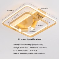 Bewamf Modern Gold Flush Mount Ceiling Light 88W, Square Led Close To Ceiling Light Stepless Dimmable With Remote Control For Living Room Bedroom Kitchen Hallway Light