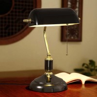 Traditional Bankers Lamp, Handmade Emerald Blue Glass Shade,With Pull Chain Switch Plug In Fixture,Vintage Office Table Light, Antique Style Desk Lamps For Office, Library