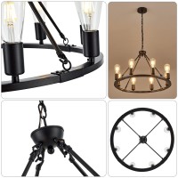 Lighceac Black Farmhouse Wagon Wheel Chandelier 8-Light 23.6'' Vintage Industrial Round Hanging Ceiling Pendant Light Fixture For Kitchen Island Living Dining Room Bedroom Hallway Entryway Foyer