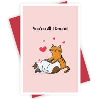 Cute Cat Love Card, Pun Anniversary Card For Him Her, Happy Valentines Day Card, Youre All I Knead Need