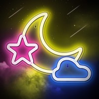 Lumoonosity Moon Star Cloud Neon Sign - Moon Star Cloud Led Light For Kids, Teens Room Wall Decor - Premium Usb Powered Neon Night Light With On/Off Switch Bedroom, Game Room- 16.5 X 12.8-Inch