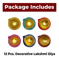 Satvik 12 Pc Multicolored Metal Designer Lakshmi Diya For Diwali Decoration. Dia Deepak Oil Lamp For Indoor And Outdoor Vilakku For Puja Pooja Traditional Indian Housewarming Return Gift Item