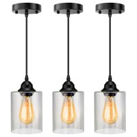 Industrial Pendant Lighting, Adjustable Clear Glass Shade Pendant Hanging Light Fixture, Modern Farmhouse Vintage Mini Hanging Ceiling Lamp, Black Pendant Lighting For Kitchen Island, 3-Pack