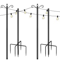 Outdoor String Light Pole 2 Pack, 7-Prong Backyard Steel Patio Light Poles With 2 Optional Hooks And Fence Brackets For Deck Garden Holiday Wedding