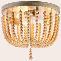 Boho Light Fixture,Wood Beaded Chandelier, Farmhouse Light Fixture, Semi Flush Mount Ceiling Light Fixtures For Hallway Baby'S Nursery Bedroom Kitchen Living Room,Oak White,3 Sockets