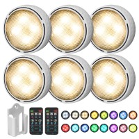 Onumii 6 Pack Led Puck Lights Battery Operated, 16 Color Changing Dimmable Under Cabinet Lights With Remote Control For Bookshelf, Counter Shelf, Bookcase, Wardrobes (White)