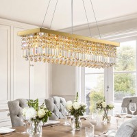 Siljoy Modern Crystal Chandelier For Dining Room 8-Light Gold Rectangle Raindrop Chandelier Contemporary Rectangular Pendant Light Fixture For Kitchen Island Bar L40'' X W10'' X H10''