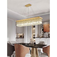 Siljoy Modern Crystal Chandelier For Dining Room 8-Light Gold Rectangle Raindrop Chandelier Contemporary Rectangular Pendant Light Fixture For Kitchen Island Bar L40'' X W10'' X H10''