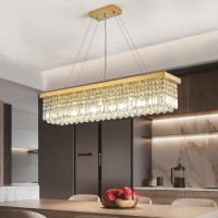 Siljoy Modern Crystal Chandelier For Dining Room 8-Light Gold Rectangle Raindrop Chandelier Contemporary Rectangular Pendant Light Fixture For Kitchen Island Bar L40'' X W10'' X H10''