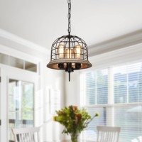 Eumyviv Round Rustic Chandelier Light Fixture, 3-Light Farmhouse Pendant Lighting With Metal Wood Globe Cage Shade For Kitchen Island Dining Room C0156