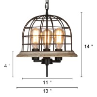 Eumyviv Round Rustic Chandelier Light Fixture, 3-Light Farmhouse Pendant Lighting With Metal Wood Globe Cage Shade For Kitchen Island Dining Room C0156