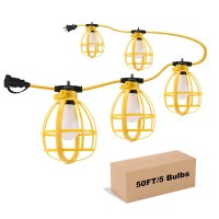 Yaoledly 50Ft Construction String Lights 50W 5 Bulbs Work Lights With E26 Base Ip65 Waterproof 4000Lm 6500K Indoor Outdoor