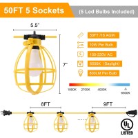 Yaoledly 50Ft Construction String Lights 50W 5 Bulbs Work Lights With E26 Base Ip65 Waterproof 4000Lm 6500K Indoor Outdoor