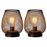 Decorkey Set Of 2 Battery Operated Lamp Led Table Lantern, Metal Cage Cordless Lamps With Led Bulb, Oval Vintage Decorative Outdoor Lantern For Weddings, Parties, Patio, Events For Indoors Shelf