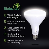 Bioluz Led 4 Pack Brightest Br40 Led Bulbs 90 Cri Instant On 5000K Daylight Bulbs 16W = 120W Replacement Bulb 1400 Lumen Indoor/Outdoor Smooth Dimmable Lamp Ul Listed Title 20 Compliant