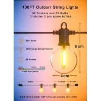 Zuske Outdoor String Lights Waterproof, 100Ft Led Patio Lights With 53 Shatterproof G40 Globe Bulb(3 Spare), Connectable Dimmable Outside Hanging Lights For Backyard Porch Balcony Gazebo (2X50Ft)