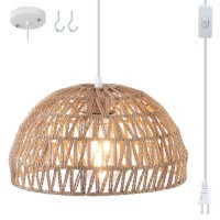 Elyccupa Hand-Woven Rattan Pendant Light Plug In Transitional Minimalist Boho Dome Pendant Hanging Light For Kitchen Island Dining Room Restaurant Hallway, Dia 13 Inch, Ul Listed