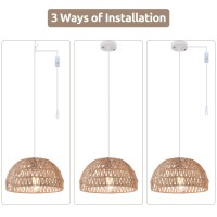 Elyccupa Hand-Woven Rattan Pendant Light Plug In Transitional Minimalist Boho Dome Pendant Hanging Light For Kitchen Island Dining Room Restaurant Hallway, Dia 13 Inch, Ul Listed