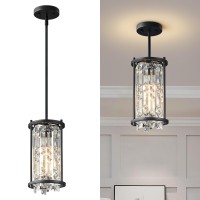 Lmqnine Dining Room Light Fixture Semi Flush Mount Ceiling Light Fixture,Lndustrial Farmhouse Chandelier Black Metal Crystal Pendant Light For Hallway Balcony Kitchen Island (Round 1-Light)